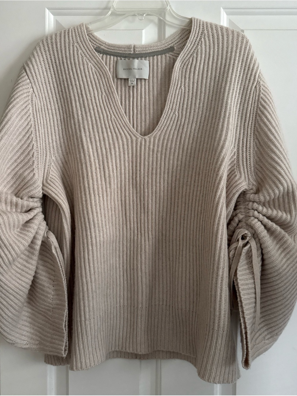 BROCHU WALKER Anneka Ribbed WOOL CASHMERE Puff Sleeve Sweater Nude Beige Medium